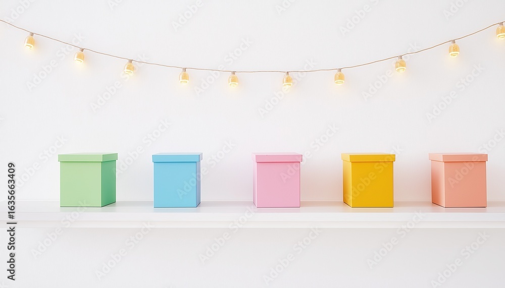 Poster pastel minimalist storage boxes neatly arranged on a white shelf with delicate fairy lights, creatin