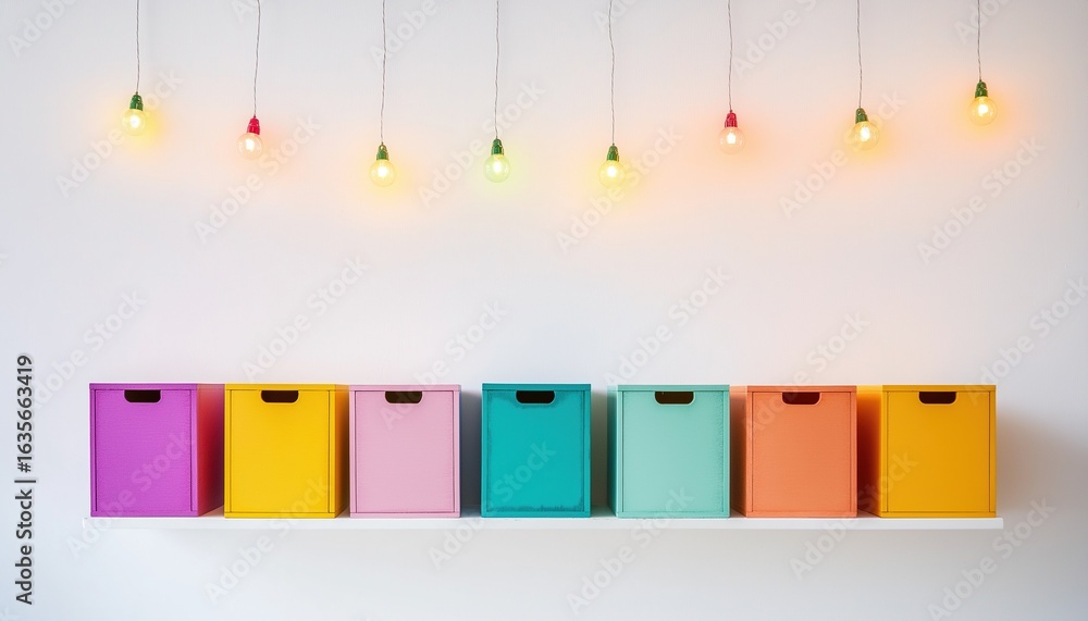 Aufkleber vibrant wooden storage boxes neatly arranged on a white shelf with decorative string lights, creatin