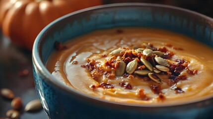 Creamy Pumpkin Soup with Toasted Pumpkin Seeds and Croutons