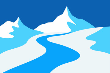 Stylized winter mountain landscape with winding river