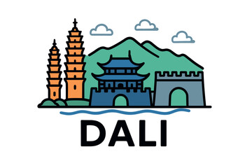 Naklejka premium Dali city skyline with iconic buildings and landmarks