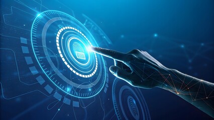 Photo of closeup of a finger touching a glowing blue technological interface, representing digital progress and information access