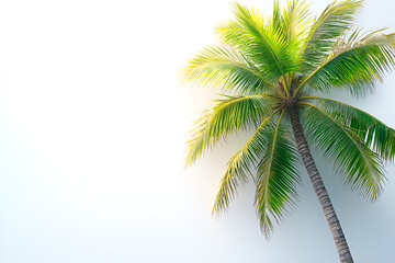 Naklejka premium A vibrant green coconut palm tree stands against a bright, clean white background, illuminated by warm sunlight.