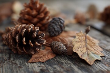 Fall still life featuring brown leaves and pine cones on old wood  
