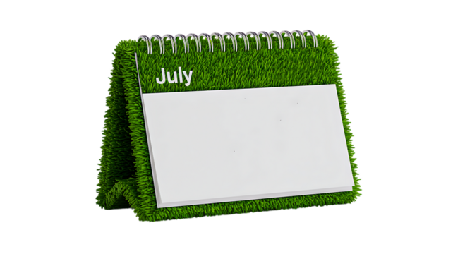 Green eco desk calendar covered in grass isolated on white background for sustainable office concept
