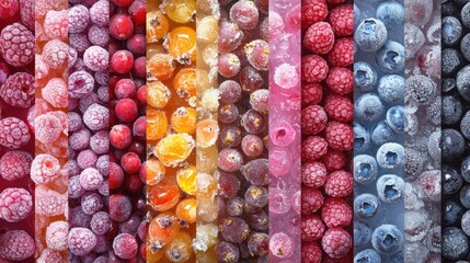 Assortment of frozen fruits and berries in a display case food background