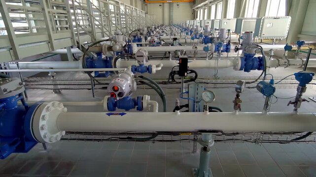 Rows of Industrial Pipelines Equipped with Valves, Gauges, and Actuators Run Through a Clean, Well-Lit Facility - Pan Right Shot