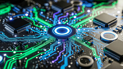Fototapeta premium Futuristic Circuit Board: Glowing Green and Blue Traces, High-Tech Microchip Detail.