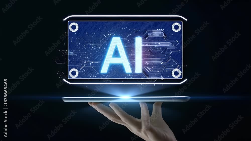 Poster hand holding a tablet with glowing text ai on a dark background, a digital technology concept for ar