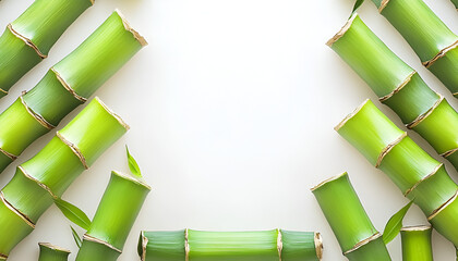 Fresh green bamboo stalks and leaves arranged as a natural frame on a white background with central copy space.