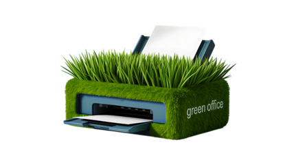 Green eco office printer covered in grass isolated on white background for sustainable technology concept
