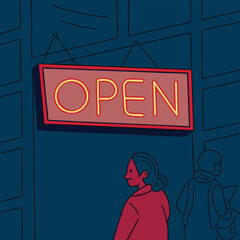 Illustration of an open sign hanging outside a building with two people standing in front of the entrance
