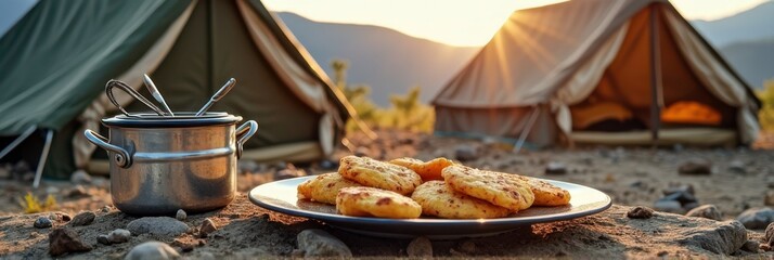 Camping breakfast outdoors: plates of freshly cooked pancakes by tents at sunrise