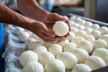 Hands holding fresh mozzarella cheese balls in a dairy production facility