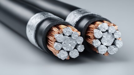Black-jacketed photovoltaic DC cables with silver-foil insulation on gray background