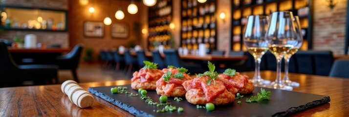 Elegant dining with savory appetizers and white wine in a cozy restaurant ambiance