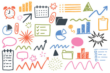 Obraz premium Hand drawn sketch doodle of various business elements. Includes charts, graphs, arrows, calendars, and checklists in vibrant colors.