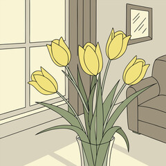 A vase of yellow tulips with green leaves sits on a table in front of a window and a couch in a room