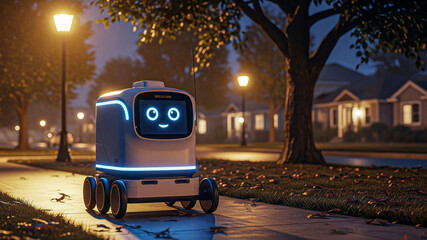 Friendly Autonomous Delivery Robot on Suburban Street at Night