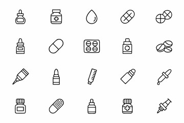 A product-focused icon collection depicting various dosage forms and pharmaceutical containers — suitable for packaging design, pharmacy POS, and healthcare branding
