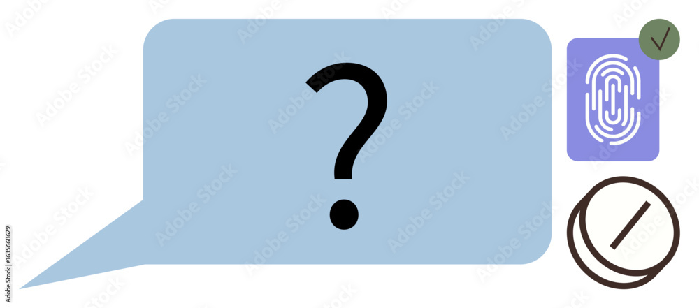 Poster speech bubble with a question mark, purple fingerprint card, green checkmark, and circular block sym