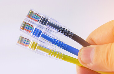 Ethernet cable with Rj45 connector for connecting telecommunications equipment. 