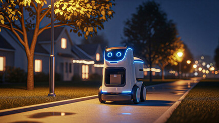 Autonomous Delivery Robot Navigating Suburban Street at Night; Futuristic, Peaceful, and Efficient Package Transport.