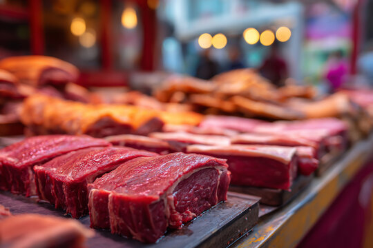 Fresh raw meat cuts displayed at a butcher shop counter