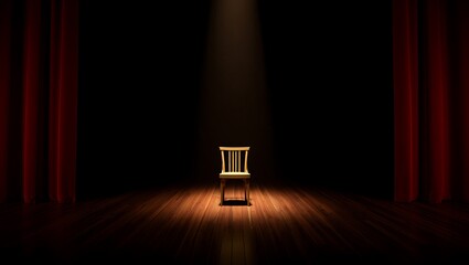 Dramatic Spotlight on Empty Wooden Chair on Stage with Red Curtains Representing Theatre Performance Arts and Loneliness