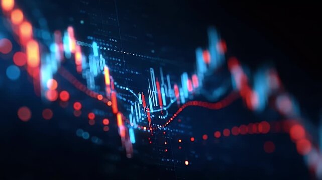 
A grand stock market chart background with blue and red glowing candlestick graph lines for a financial business concept,