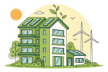 Illustration of eco friendly houses with solar panels and wind turbines in a sustainable community design