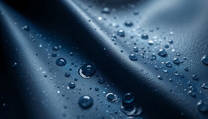 Close up of water droplets on textured dark blue fabric highlighting liquid resistance