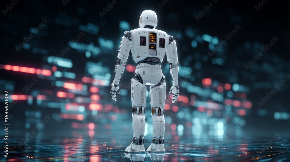 Poster backview of humanoid robot in neon streaming data world