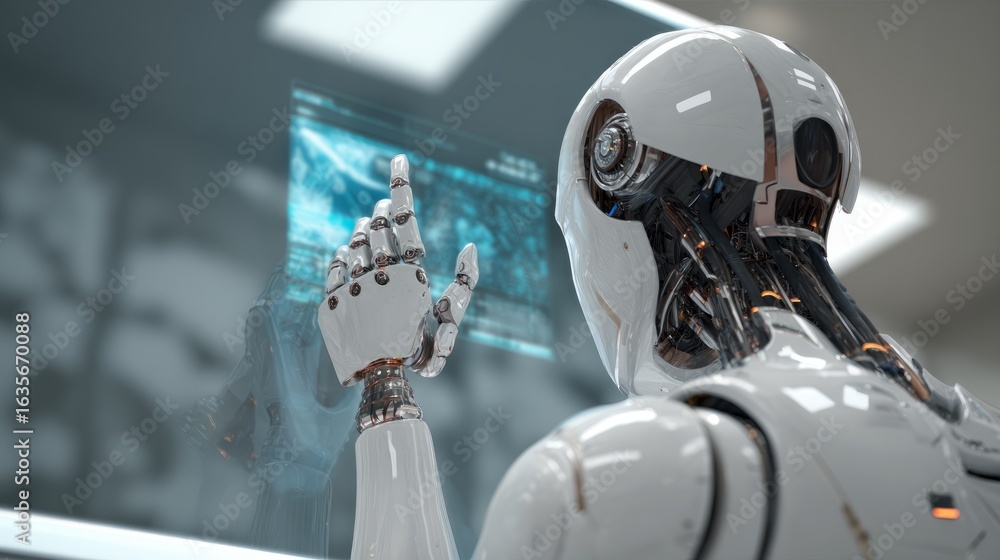 Poster Back view of robot interacting with holographic messaging display