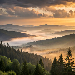 Obraz premium Breathtaking sunrise over misty mountain valley with evergreen forest