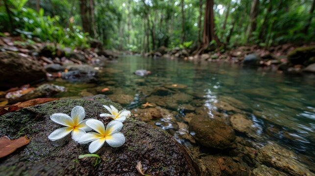 Clear stream flows through lush forest with flowers