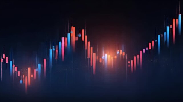 
A grand stock market chart background with blue and red glowing candlestick graph lines for a financial business concept,