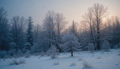 Obraz premium Winter Serenity: A tranquil winter landscape is captured, with trees delicately coated in frost under the soft light of the sunrise. The serene scene evokes a sense of calm and stillness.