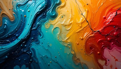 Vivid fluid abstract paint texture swirling with bright contrasting colors and intricate detail