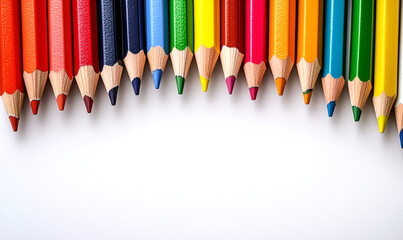 A vibrant lineup of sharpened colored pencils creates a colorful top border against a clean white background.