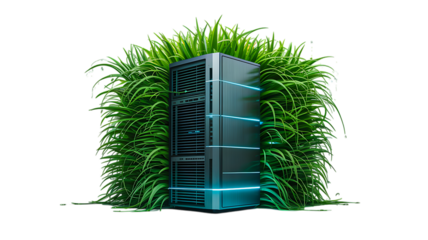 Green eco server rack covered in grass isolated on white background for sustainable technology concept
