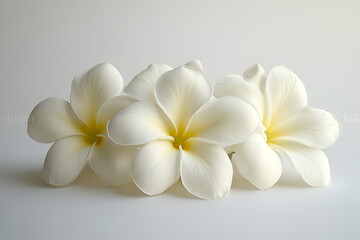 A beautiful cluster of white and yellow plumeria flowers isolated on a simple, light background.