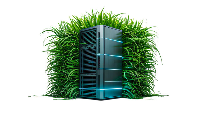 Green eco server rack covered in grass isolated on white background for sustainable technology concept
 - Powered by Adobe