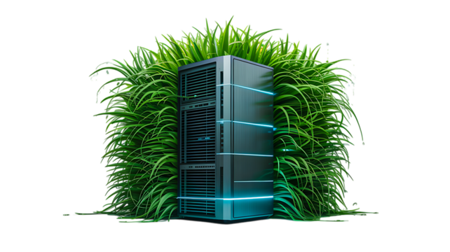 Green eco server rack covered in grass isolated on white background for sustainable technology concept
