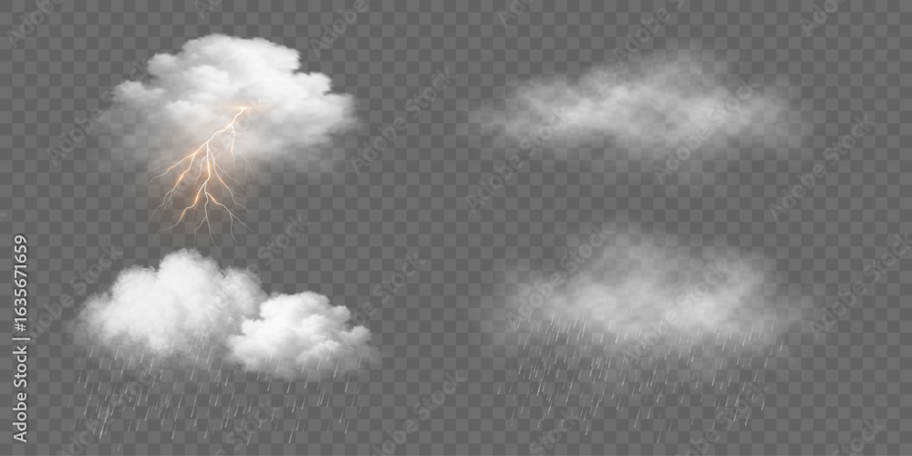 Poster Set of realistic fluffy clouds with rain, fog and lightning bolt effect on a transparent background. Misty atmosphere for overlaying on images, dramatic scenes or weather visual effects. Vector.