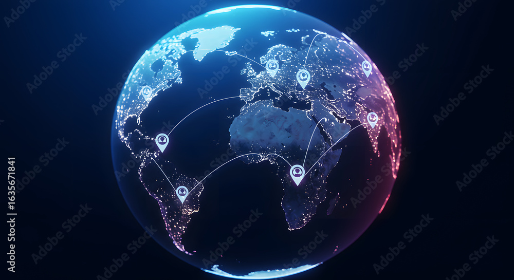 Poster global network connections, digital world visualization showcasing connectivity and data