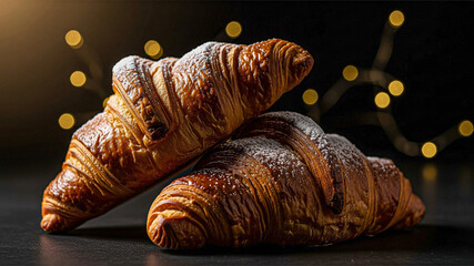 Two Delicious Golden Brown Croissants with Powdered Sugar, Dark Moody Background, Warm Bokeh Lighting.
