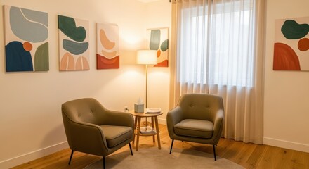 Inviting consultation room featuring modern art and comfortable seating arrangement providing