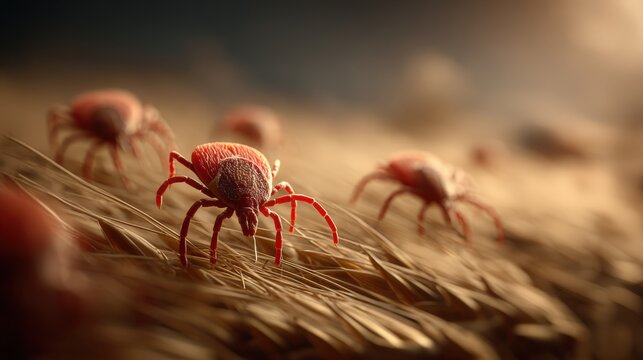 Macro view of red cattle ticks on golden cow hide highlighting tick-borne disease risks