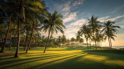 Fototapeta premium Luxury tropical resort golf course surrounded by palm trees under golden sunlight, offering scenic fairways, coastal beauty, and an idyllic vacation destination for leisure and championship play.
